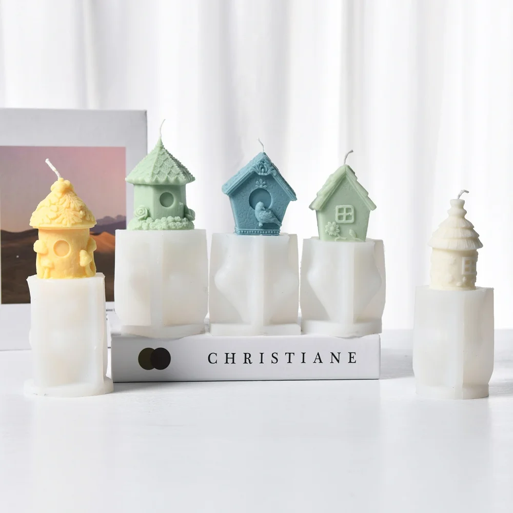 DIY Mushroom Log Cabin Silicone Candle Mold Bird Log Cabin Resin Soap Mold for Make Candy Soap Candle and Other Crafts Creation