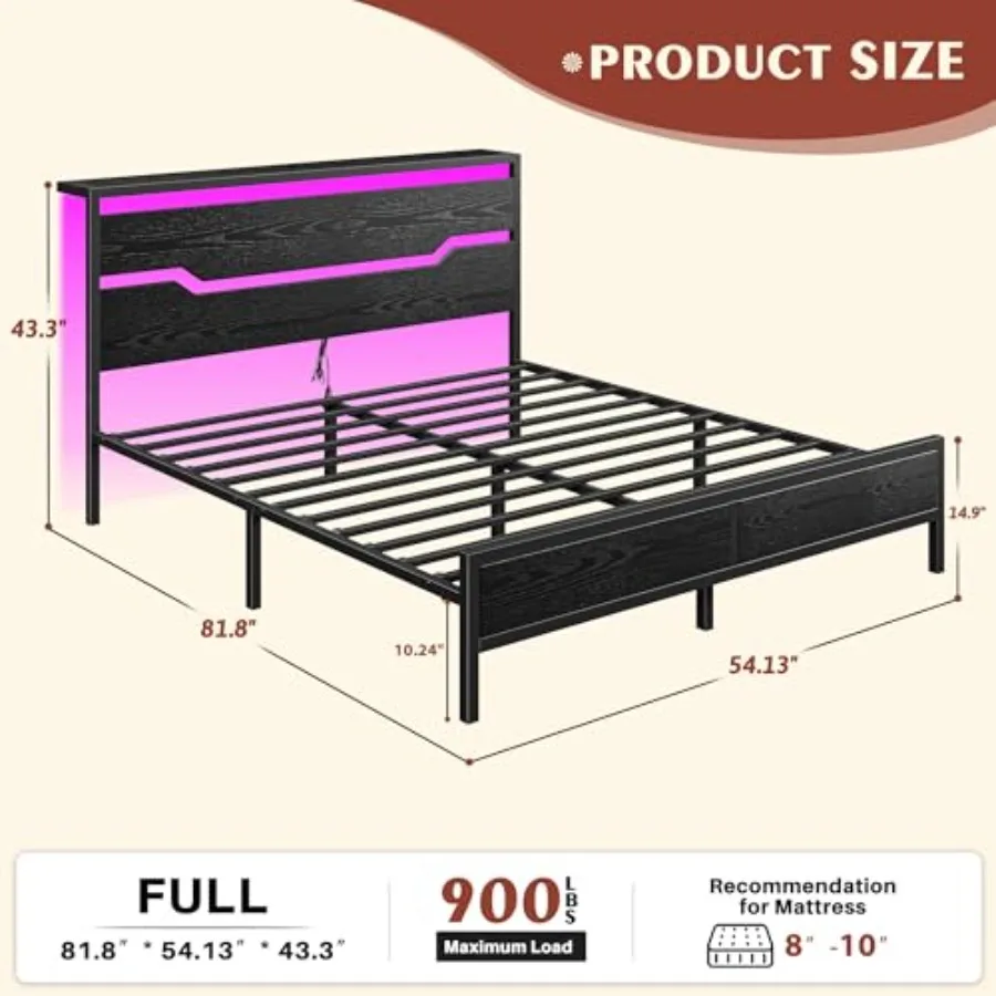 King Size Bed Frame with Storage Headboard and LED Lights, engineered wood, matte black, space-saving design with integrated li
