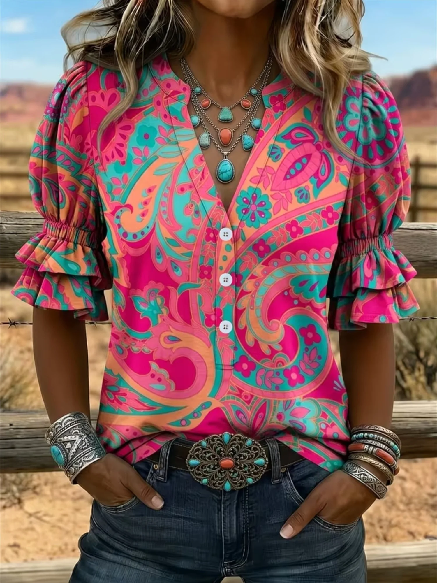 Women V‑Neck Ruffle Short Sleeve Blouse Colorful Paisley Floral Print Button Decor Loose Fit Bohemian Western Casual Daily Top