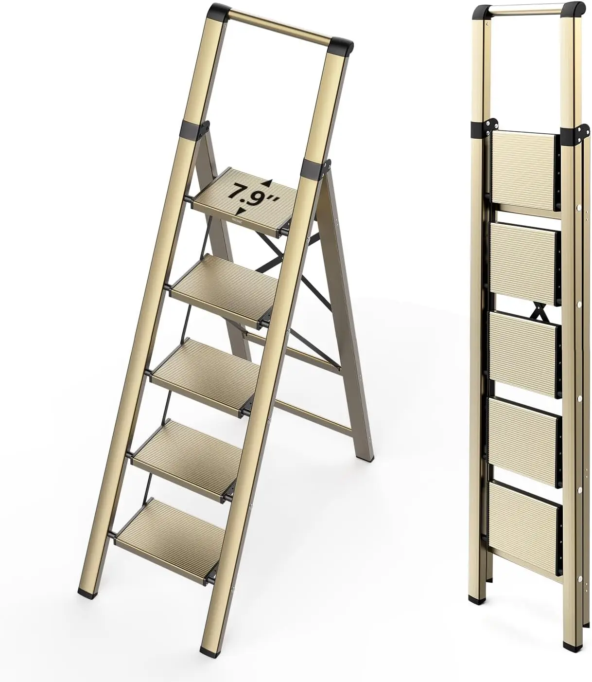 

Ladder 5 Step Folding with Wide Pedals, Tall Aluminum Ladder with Non-Slip Feet, Lightweight Stepladders for High Closet, Indoor