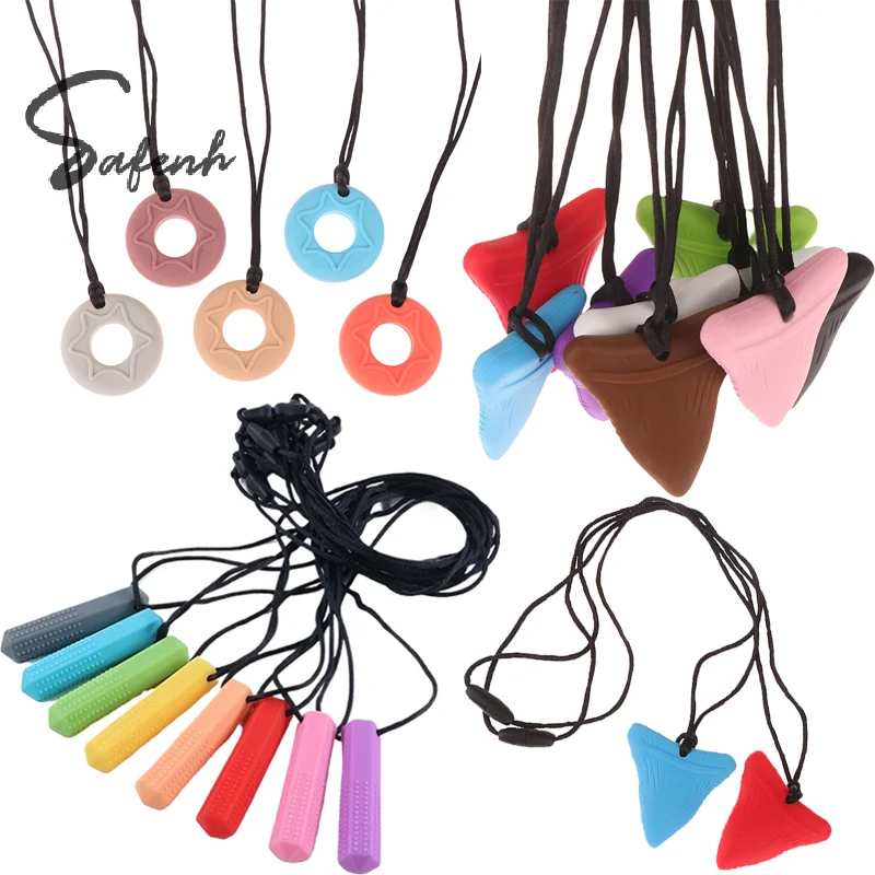 Image of Shark Tooth Shape Baby Teether Silicone Chew Necklace For Autism Sensory Biting Chewing Baby Care BPA Free Beads