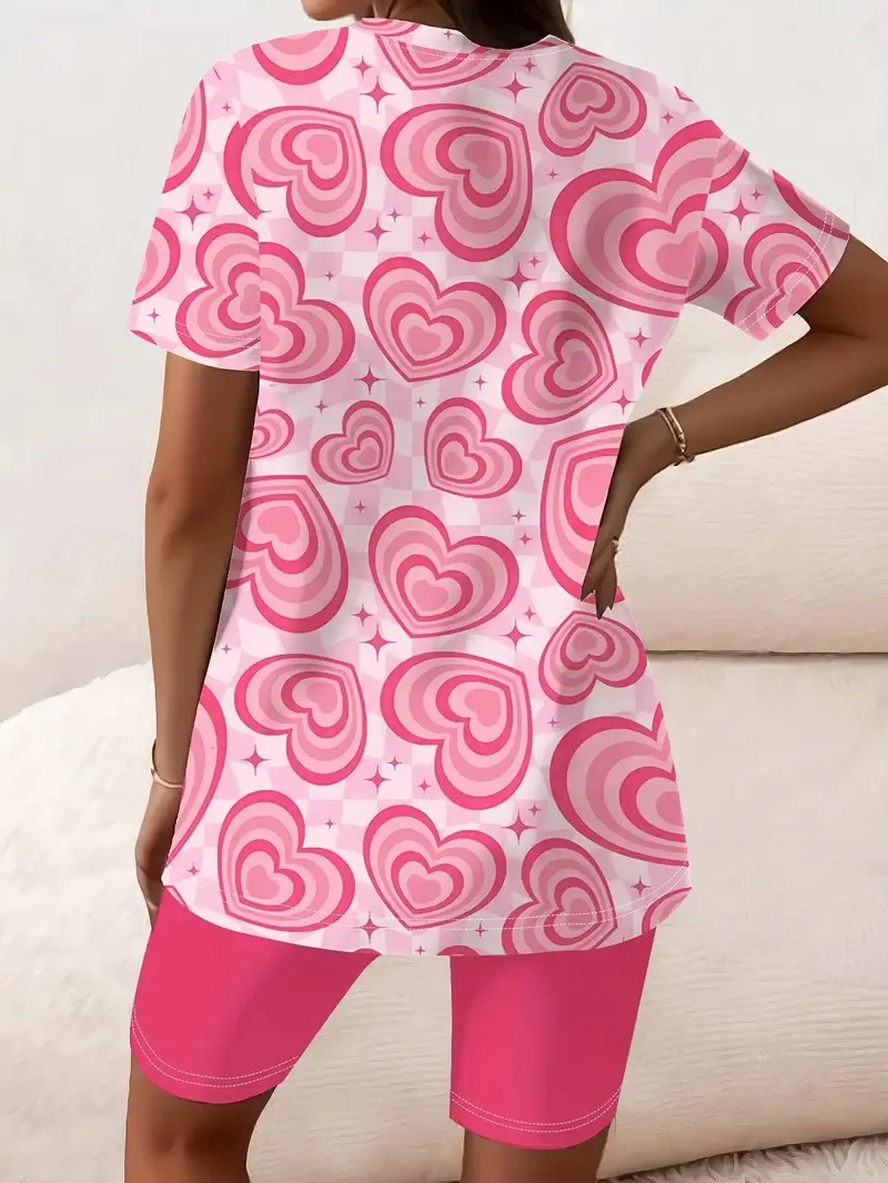 Women's Fashionable and Elegant Heart-Print Short-Sleeve T-Shirt and Shorts Set, Suitable for Everyday Casual Wear