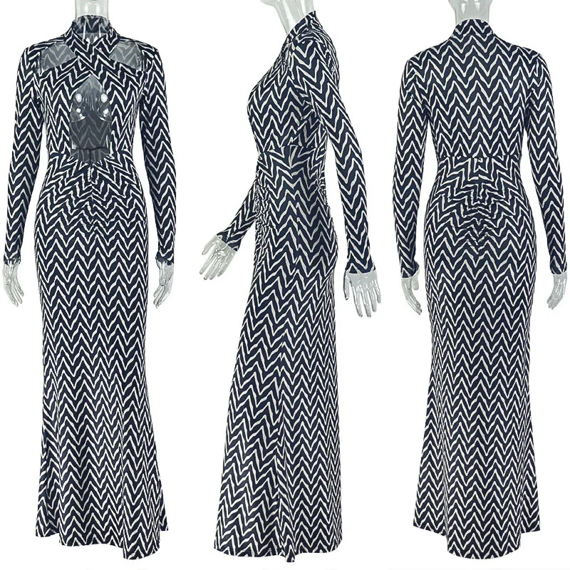 Vestido Maxi Bodycon com Estampa Listrada Sexy, Manga Longa, Recortes, Ajuste Slim, Elástico, para Festas e Clubes, Roupas Femininas
