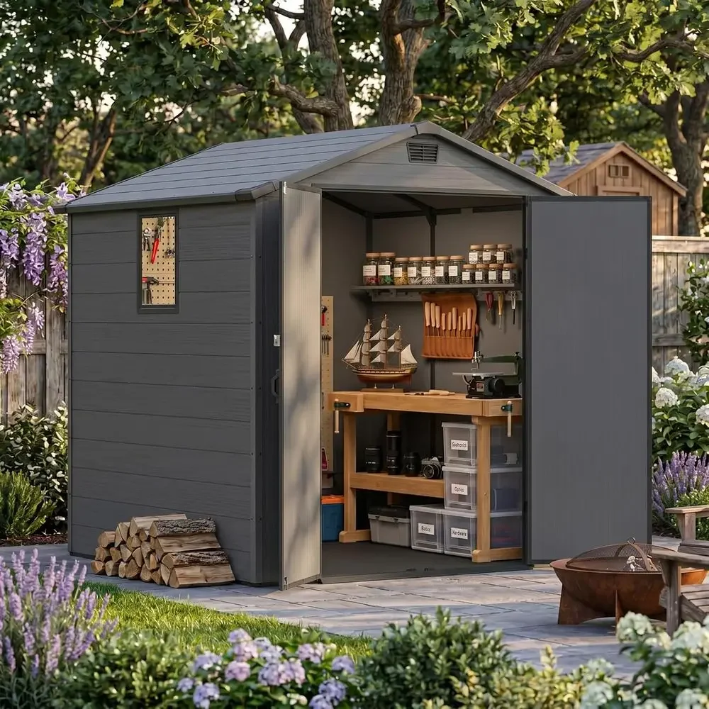 6x6 Plastic Storage Shed with Floor, Outdoor Tool Storage for Patio, Garden, Backyard - Gray