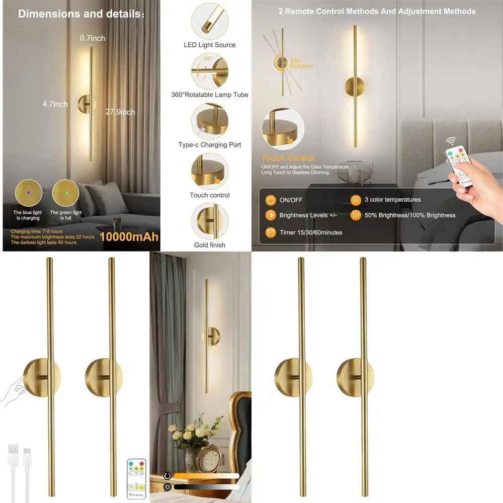 

Gold LED Wireless Wall Sconces Set, Rechargeable Battery-Powered, Remote-Controlled, 3 Color Options, 28 Inch, Dimmable for Home