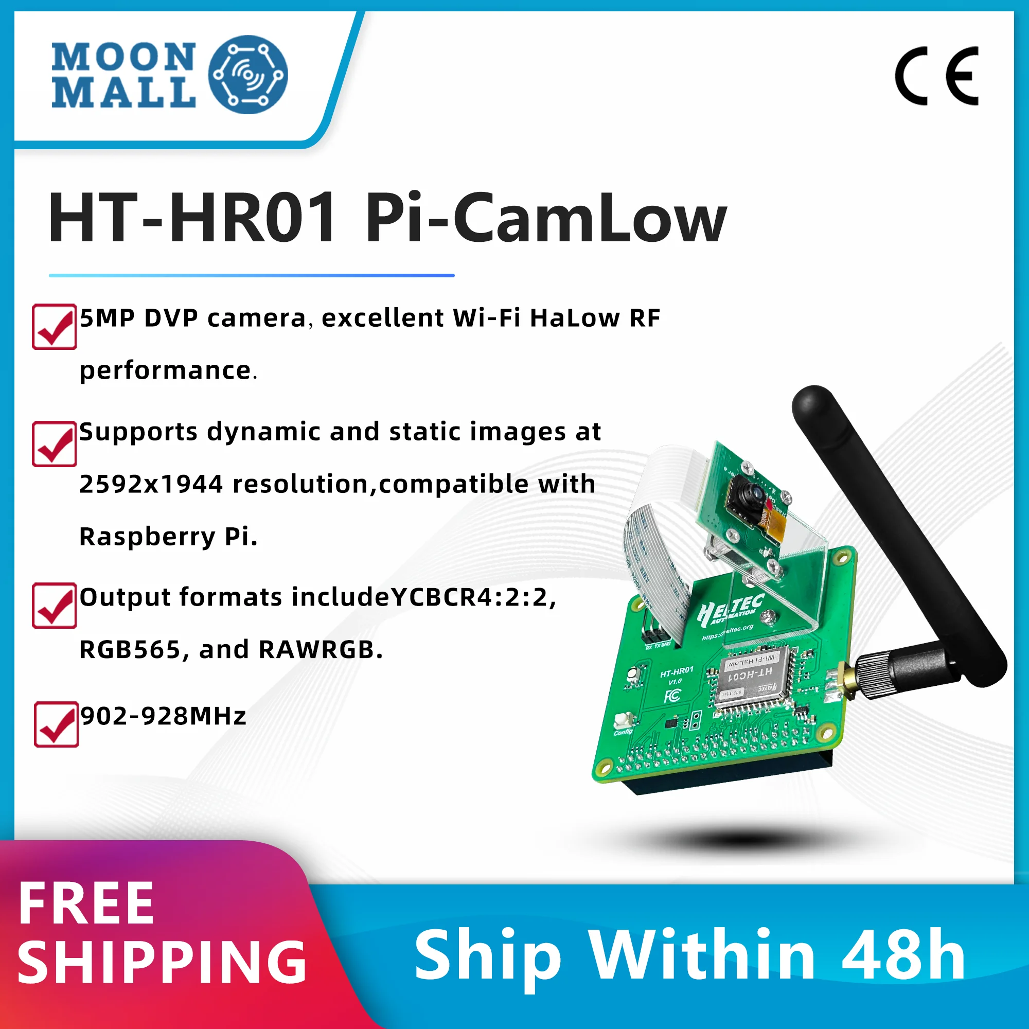 

Heltec Wi-Fi HaLow Module Pi-CamLow Raspberry Pi HAT 5MP Camera High-Speed Data Transfer 2km Range 32.5Mbps Mesh Networking