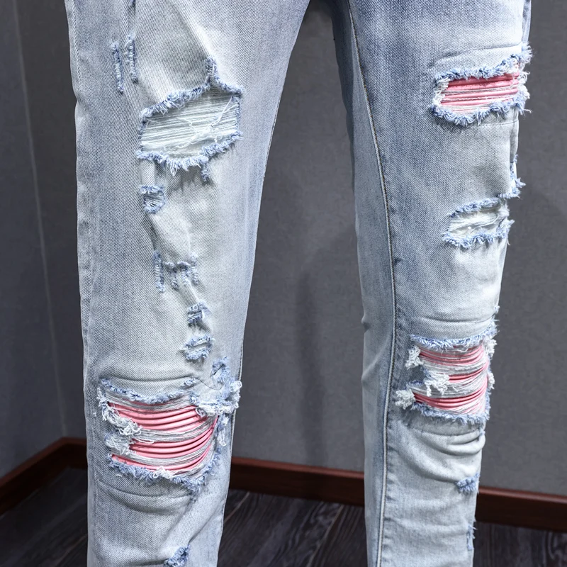 Designer High Street Fashion New Jeans Wrinkled Red Patch Washed Nostalgic Light Blue Men's Jeans High Quality Hip Hop Brand Pan