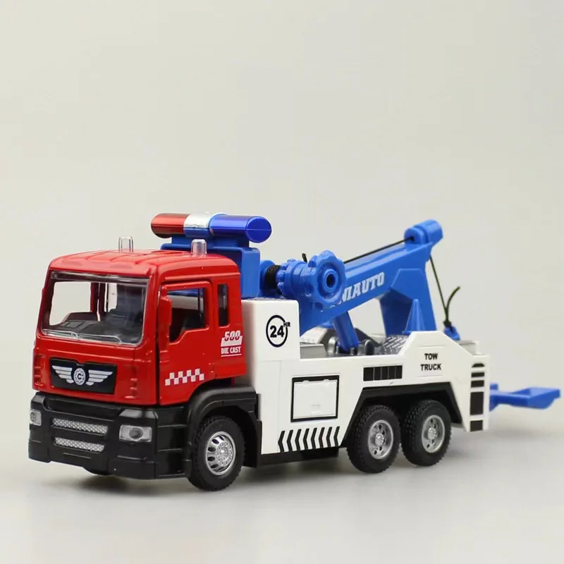 1/50 Scale Road Rescue Trailer Alloy Toy Model Trucks Metal Diecast Truck With Sound And Light Collection Toys For Children Gift