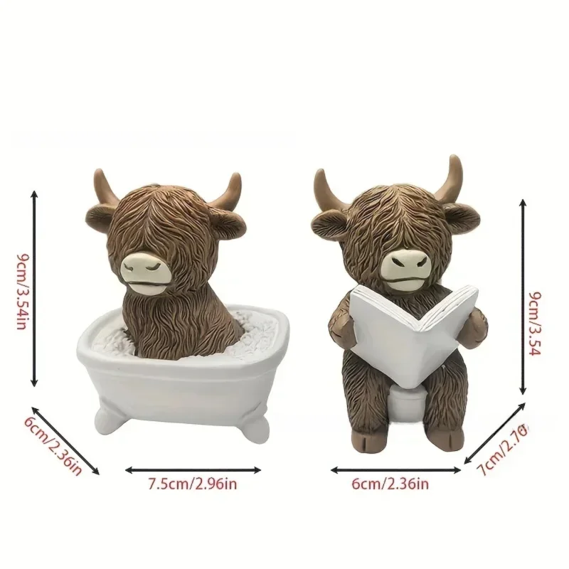 Scottish Highland Cow Resin Figurines Funny Bathing & Reading Cow Statue Desk Decor for Home Bathroom