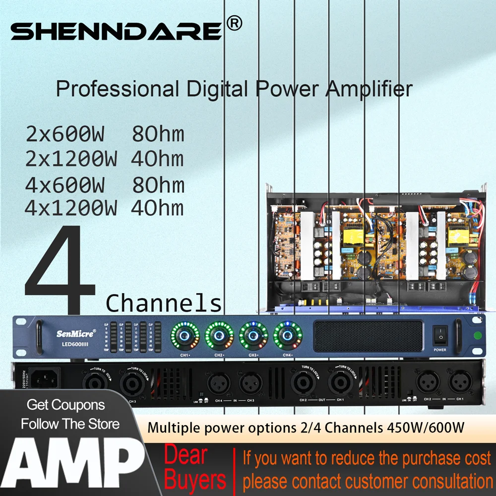 

SenMicre LED600 4X600W 8Ohm Professional Digital Power Amplifier 4 Channel Sound Amplifier DJ Subwoofer AMP 4X1200W 4Ohm Class D