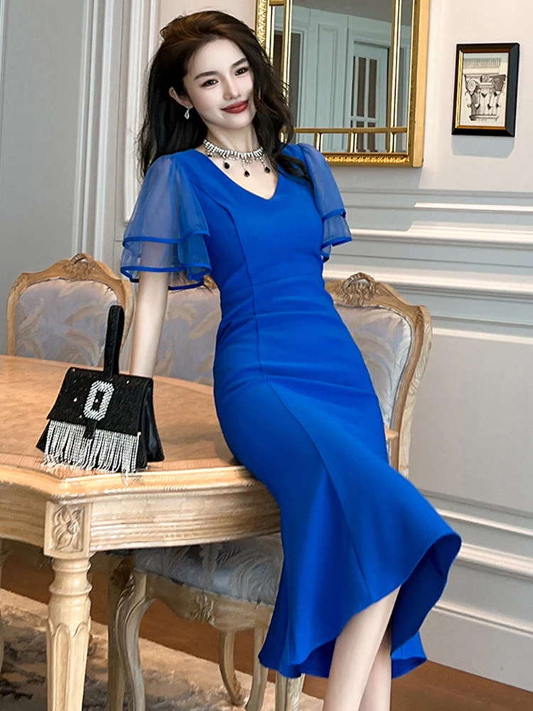 2023 French Style Elegant Women's Maxi Dress Blue Sheer Mesh Flare Sleeves Wrap Hip Fishtail Robe Female Party Prom Club Vestido