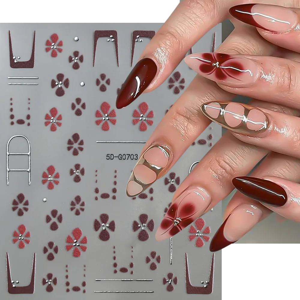 1pcs 5D Bronzing Brown Leopard Ombre Flower Nail Art Stickers Tortoise Shell Design Gold Chrome Frame Lines Manicure Decorations