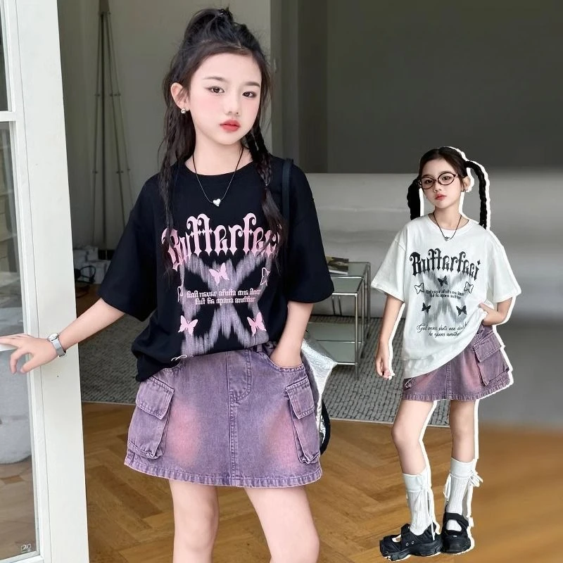 

Летняя футболка для девочек 2026 года, свободный крой, круглый вырез, короткий рукав, с милым мультяшным принтом, повседневная детская футболка для девочек 5-12 лет