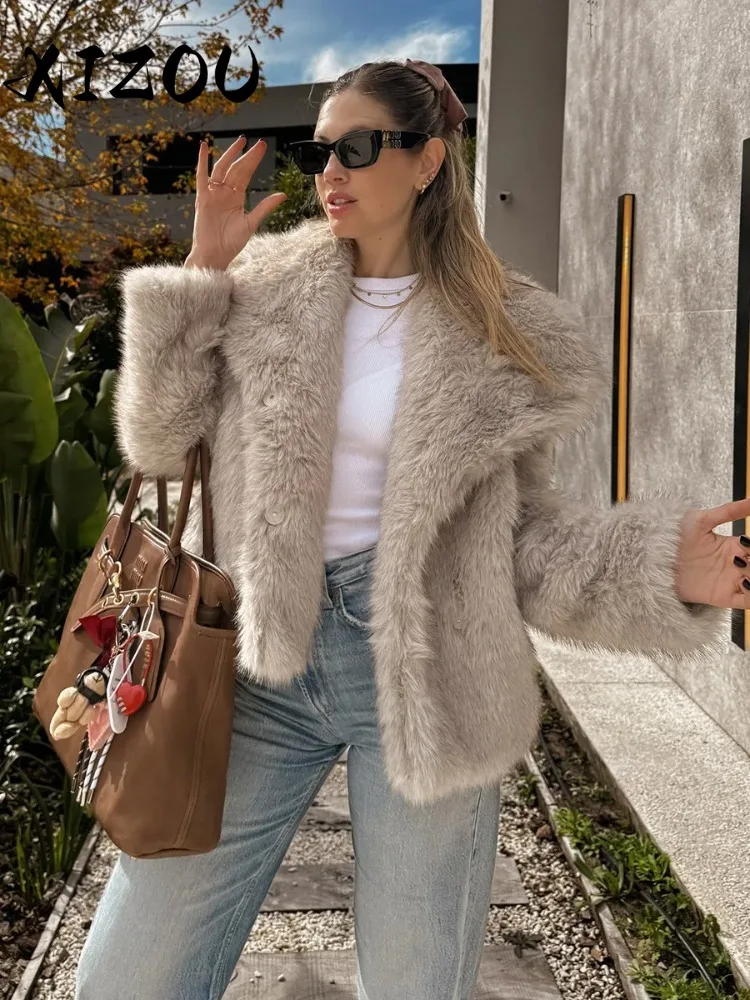 

XIZOU New Autumn Winter Women Furry Open Front Coat Faux Fur Warm Stylish Outerwear Trendy Shearling Inspired Jacket