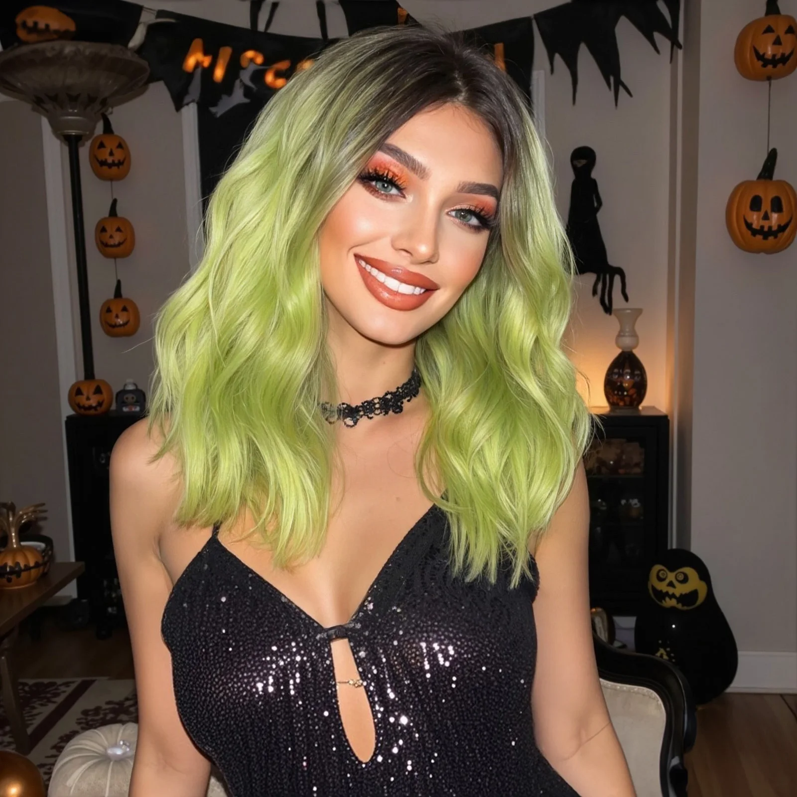 

Halloween Short Curly Wavy Green Ombre Synthetic Wig Lolita Hair Medium Part Wig for Women Natural Cosplay Party Heat Resistant