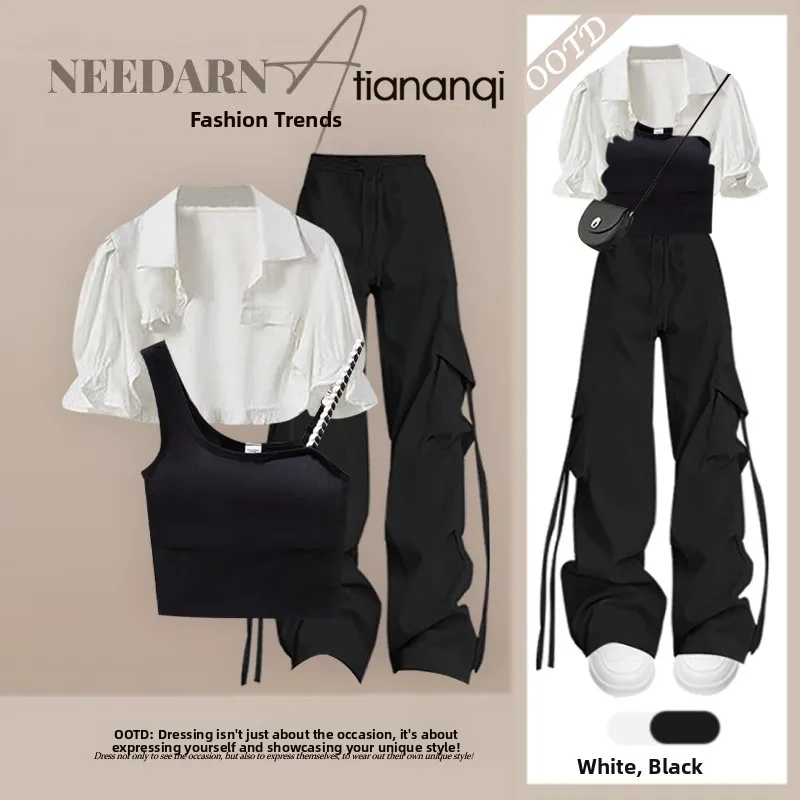 

Spring 2026 Women's Fashion Three-Piece Set Dopaamine Workwear Shirt Strap Slimming Pants Whole Set Stylish And Slimming