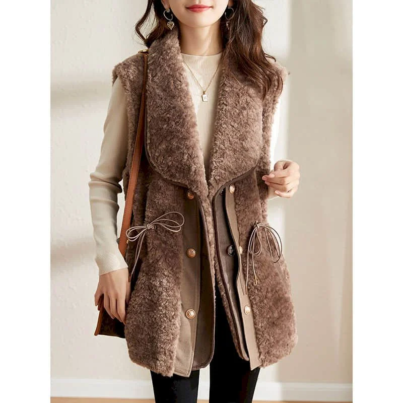 Plush Waistcoats for Women Lapel Mid-Length Fleece Vests Casual Sleeveless Cardigans Oversized Winter Jackets Loose Women Tops