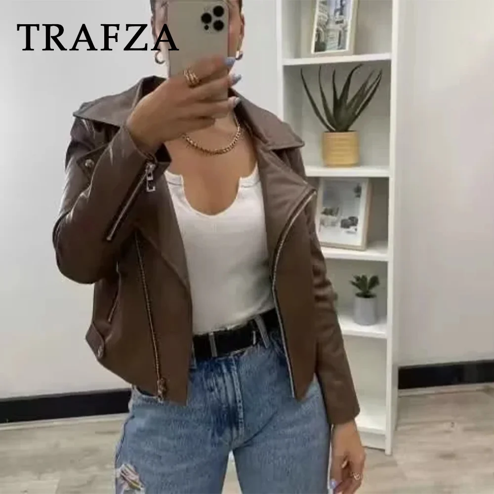 TRAFZA 2023 Women Autumn Casual PU Zippers Jackets Fashion Winter Vintage Solid Straight Coat For Women Streetwear Women Jacket