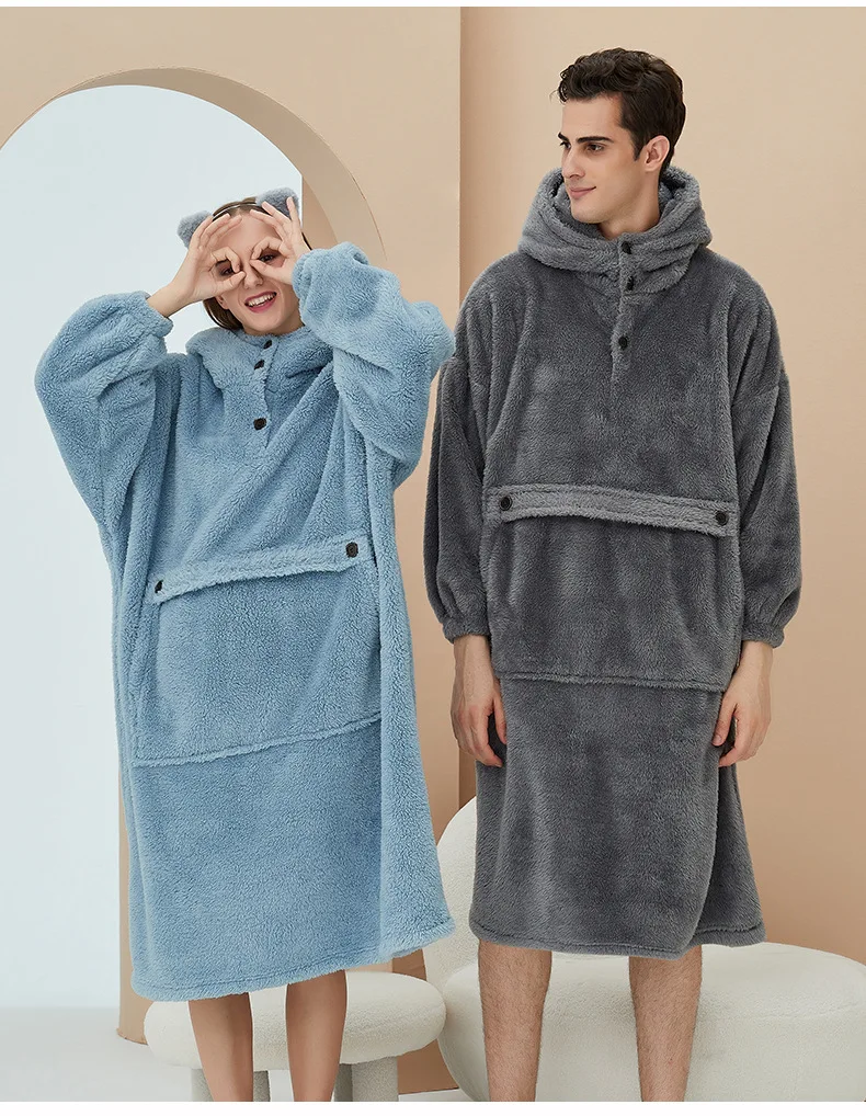 Unisex Robes Men Winter Dressing Gown Winter Warm Fleece Robe Pullover Hooded Women Winter Dressing Gown Robes Soft Bathrobe