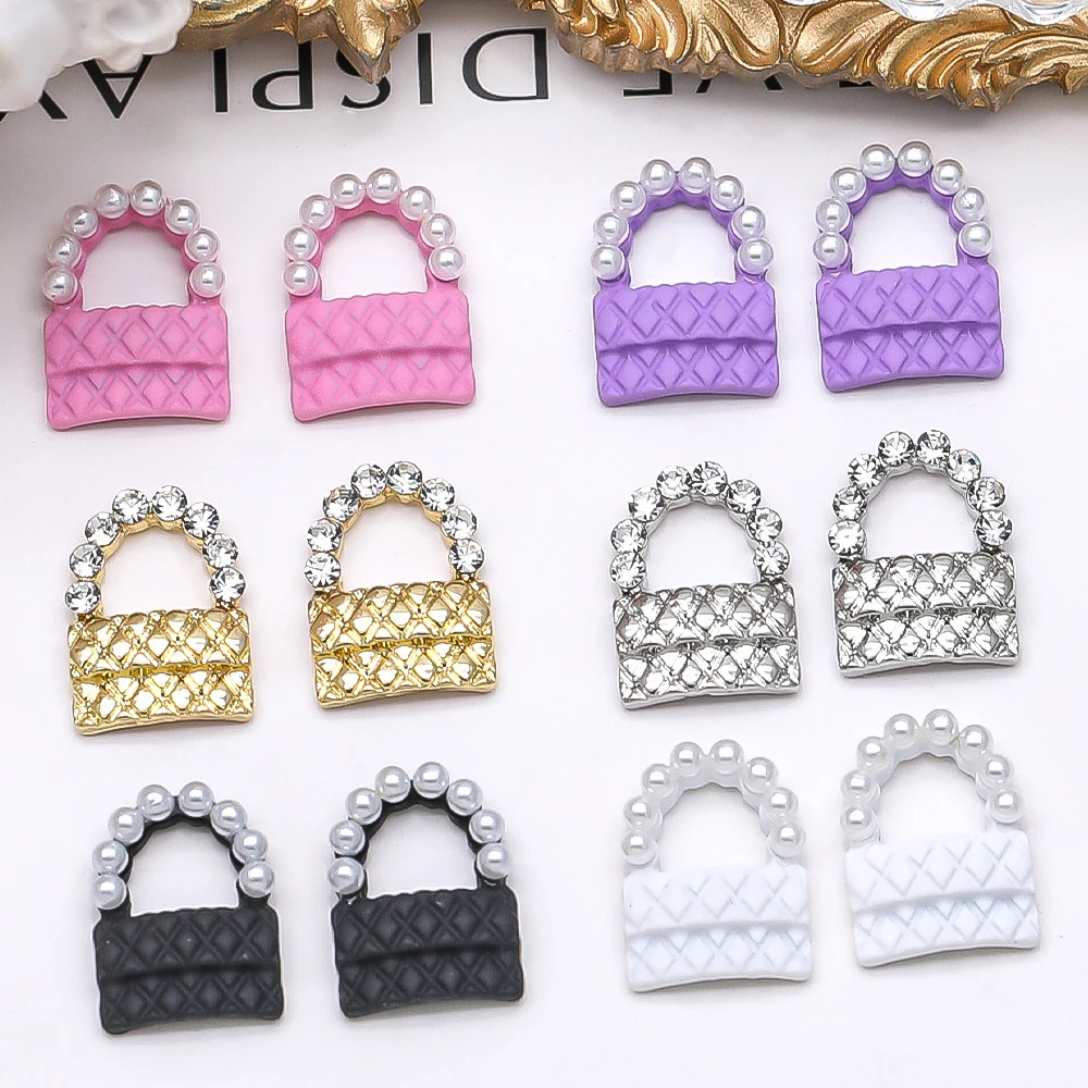 5Pcs Alloy Mini Cute Handbag Nail Art Charm 3D Luxury Sparkling Diamond Pearl Bag Nail Ornament DIY Exquisite Nail Accessories