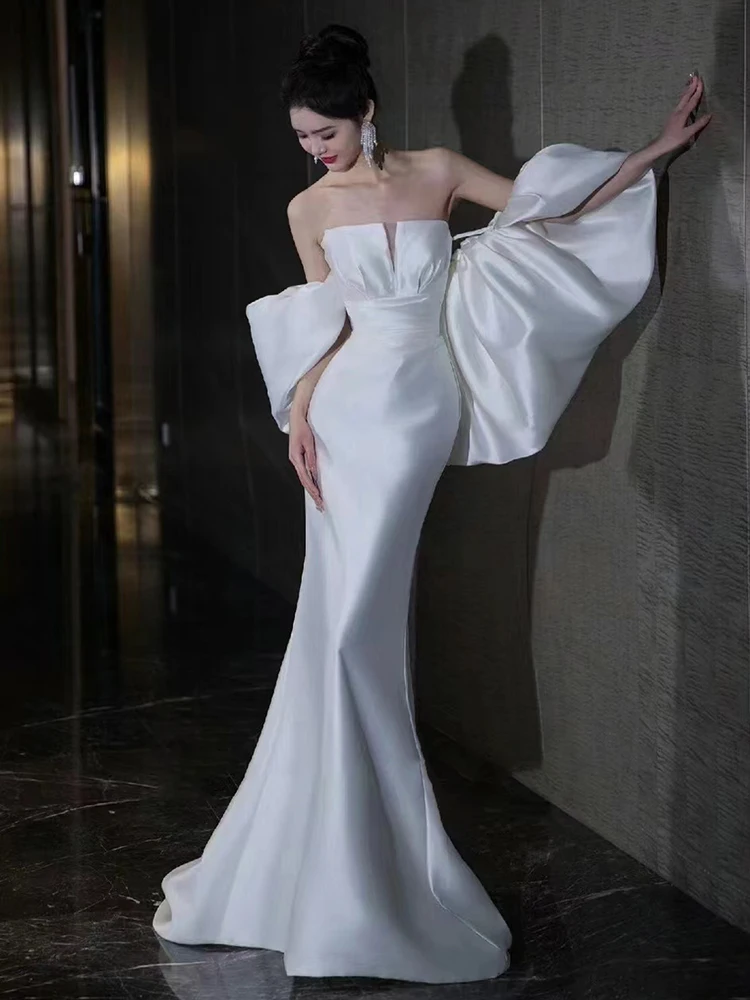 

Wedding Dr Satin Fabric Bridal Gown White oulder awl Fi Tail Engagement Par Outfit Ele Simple Sle with Belt