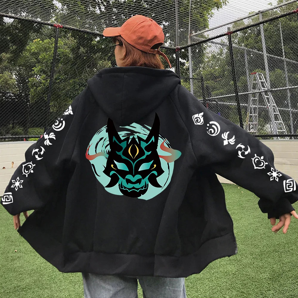 Genshin Impact Xiao Mask Fangs Anime Print Zipper Hoodies Men Women Harajuku Fashion Long Sleeve Plus Size Zipper Jacket Coat