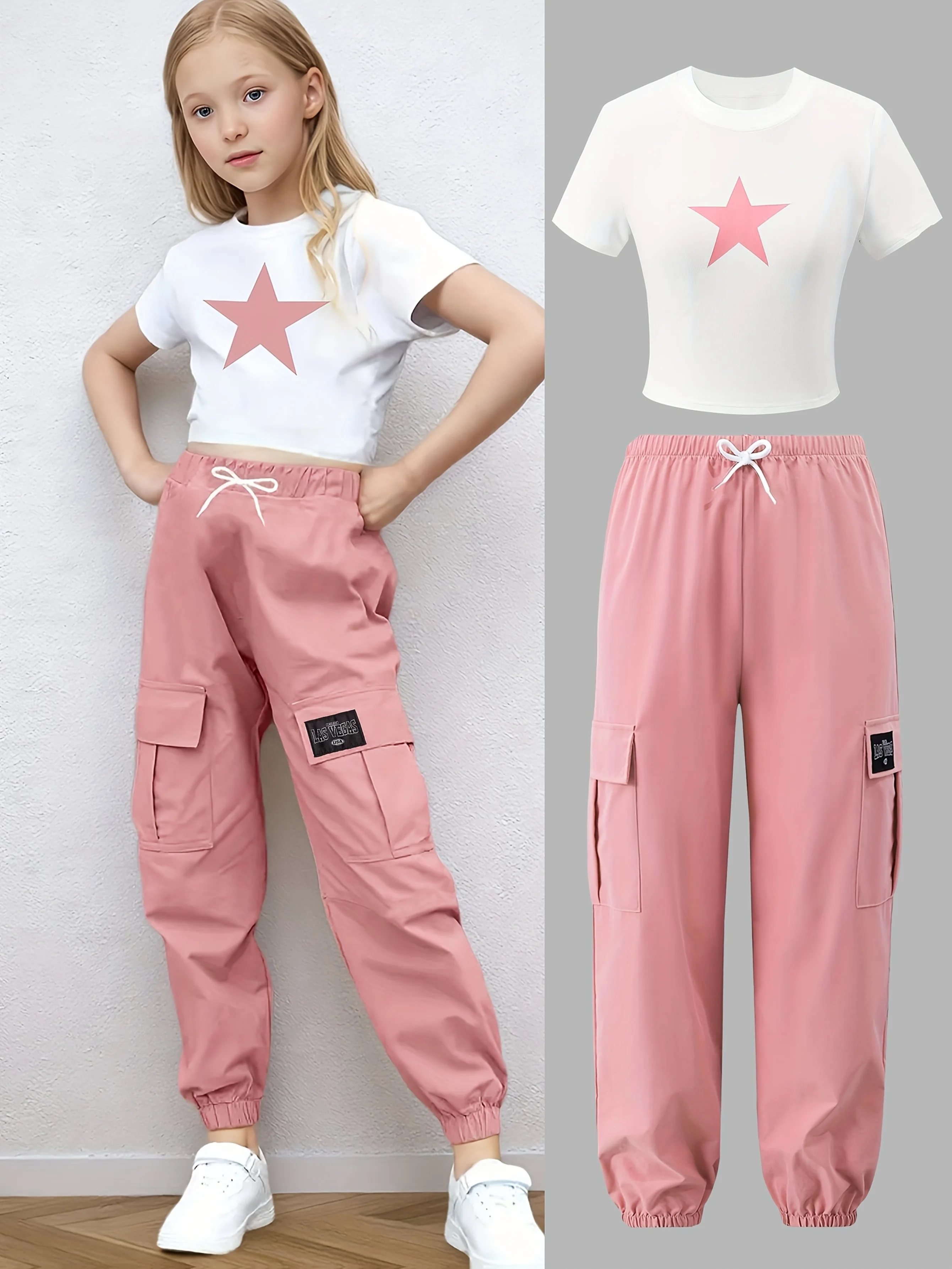 Lightweight Kids Girls Two Piece Matching Suit, Crew Neck Star Print Short Crop Tee + Elastic Waist Cuffed Cargo Trousers for Sc