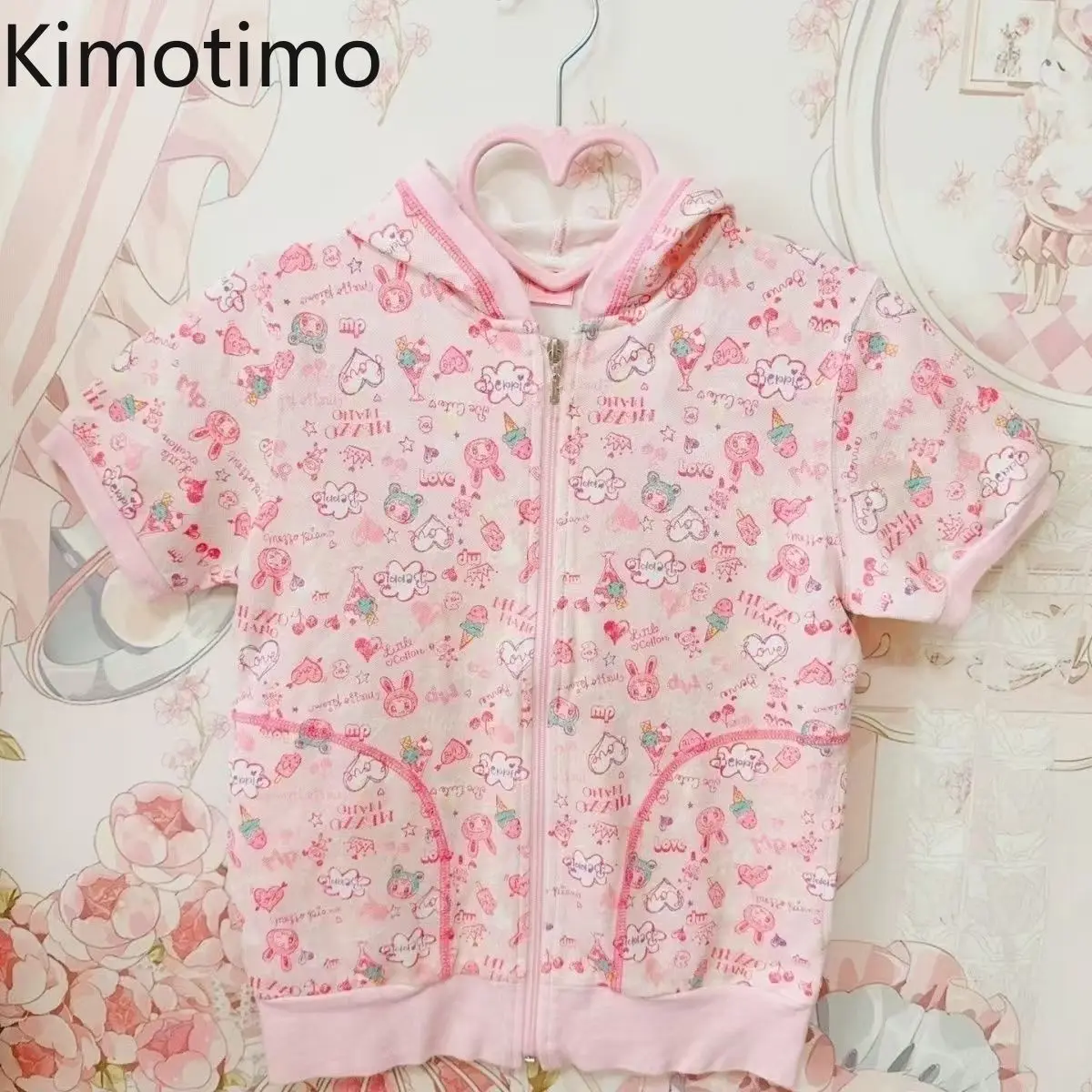 

Kimotimo Japan Style Sweet Cartoon Print Zipper Hoodie Women Summer Vintage Short Sleeved Coat Top Casual Versatile Sweatshirt