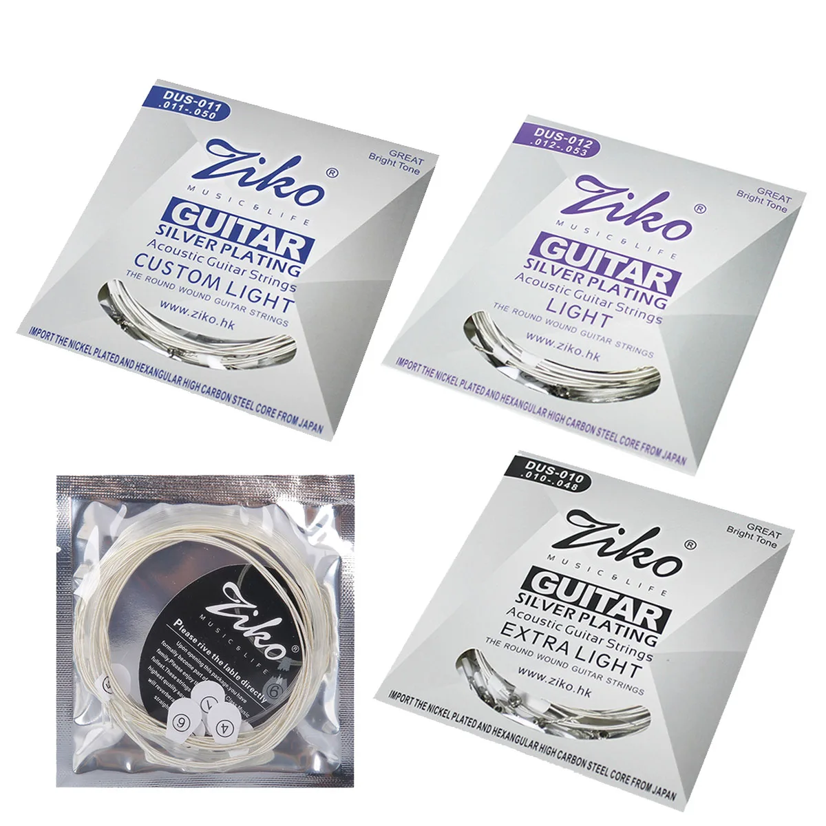 ZIKO DUS Silver-Plated Acoustic Guitar Strings - DUS-010/DUS-011/DUS-012, Hexagonal Steel Core, Anti-Rust Coating