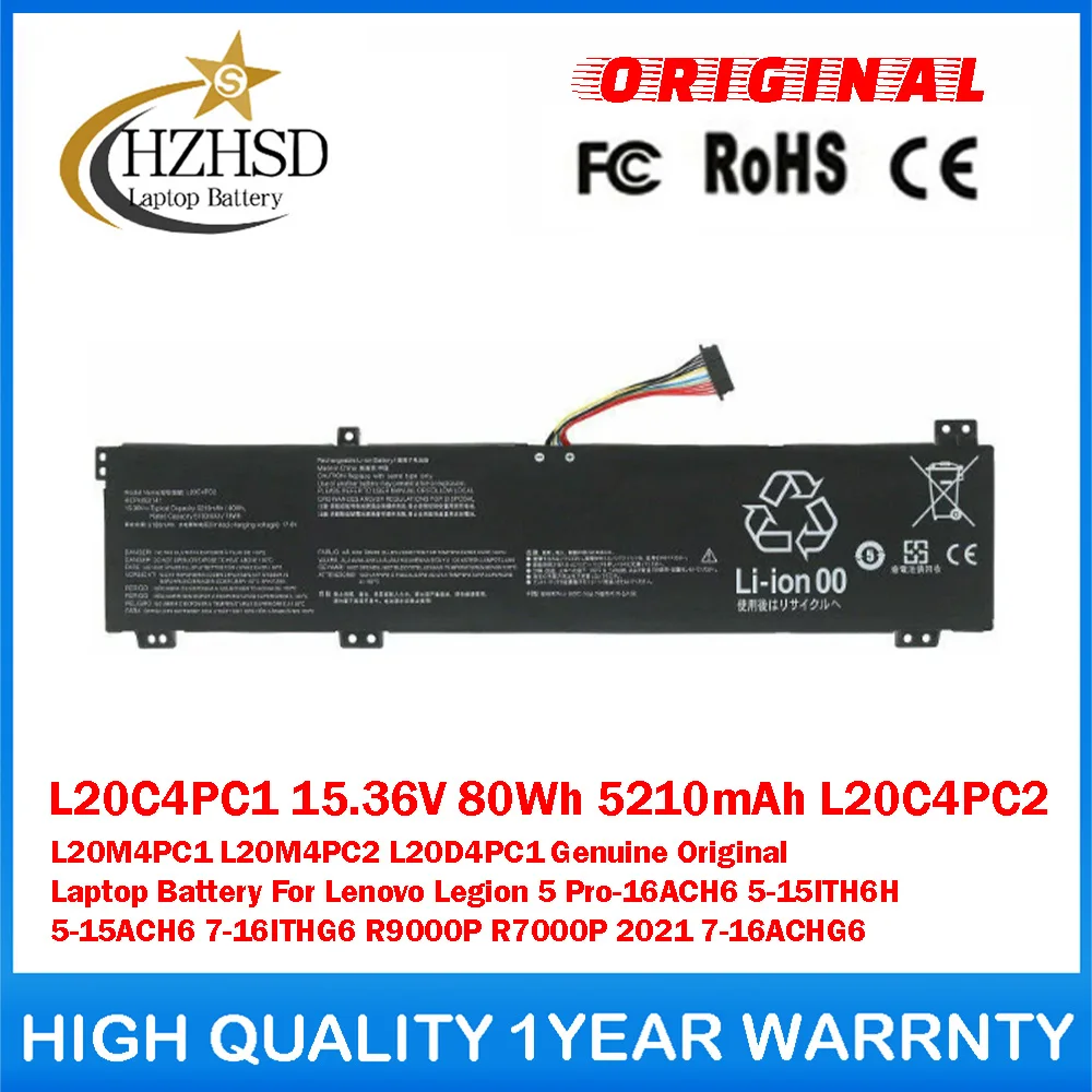 L20C4PC1 15.36V 80Wh 5210mAh L20C4PC2/D4PC1 L20M4PC1/2 Genuine Original Laptop Battery For Lenovo Legion 5 Pro-16ACH6 5-15ITH6H