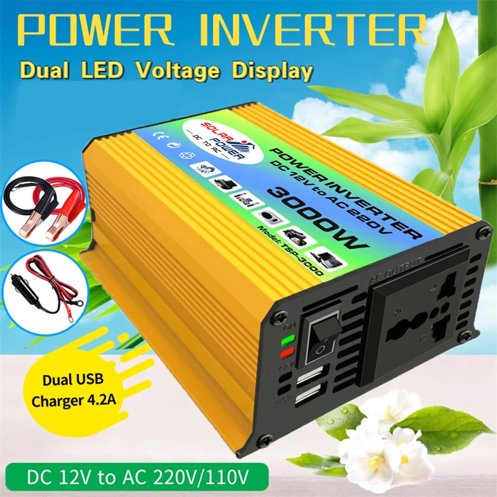 

Инвертор 3000 Вт/300 Вт, преобразователь напряжения 12В в 220В, цифровой инвертор для автомобиля с 2 USB-портами, адаптер-преобразователь