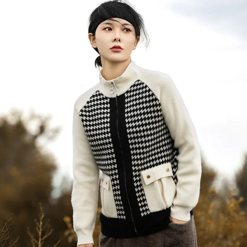 

New Spring and Autumn 100% Pure Merino Wool Women's High Neck Cardigan Cashmere Sweater 2023 Women's Clothing Elegant Top
