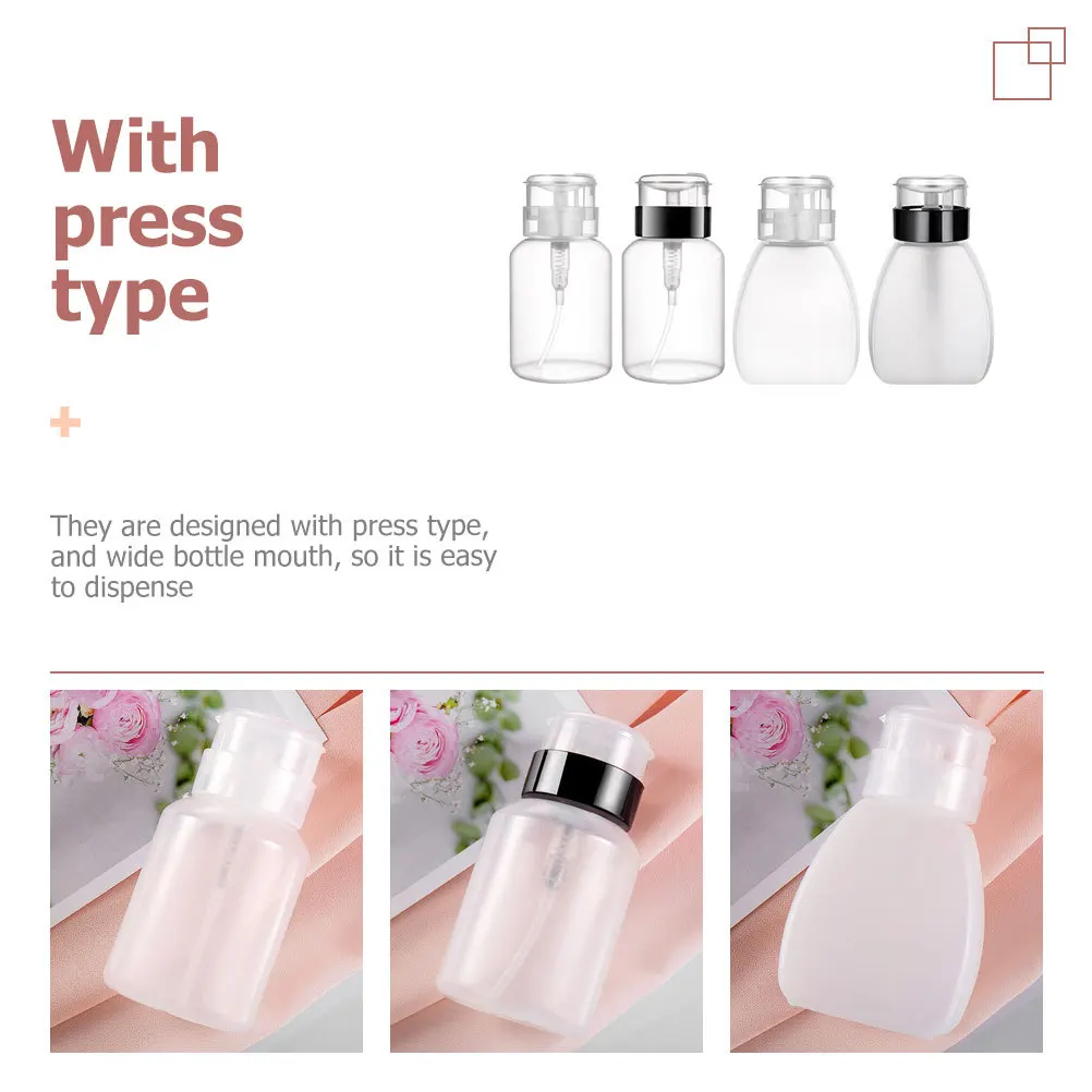 4 قطع من زجاجات مزيل طلاء الأظافر، موزعات سائلة مضغوطة فارغة، مادة ممتازة، سهلة الحمل، تصميم أنيق، طاولة تزيين