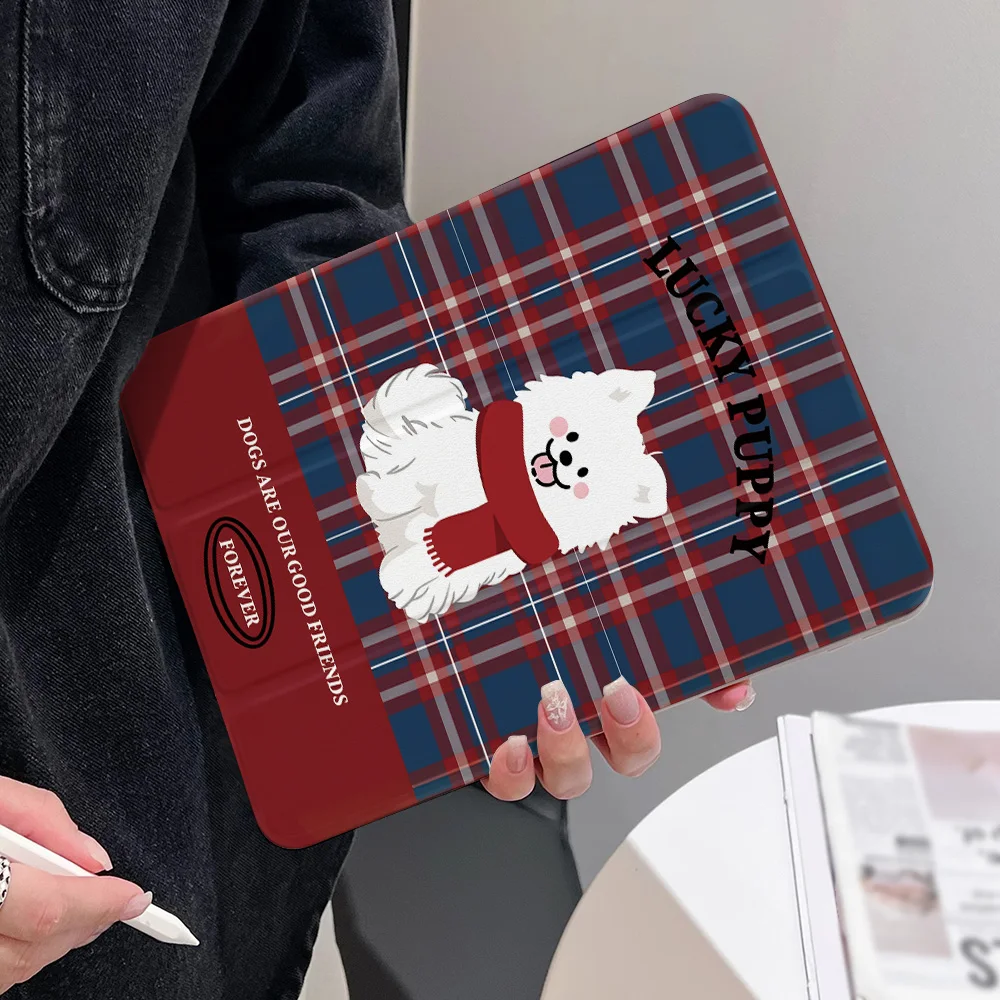 360° Rotatable Tri-Fold for Samsung Galaxy Tab S9 S10 FE A9 A11 S7 S8 Plus Painted Cover Aesthetic Retro Plaid Lucky Puppy Dog