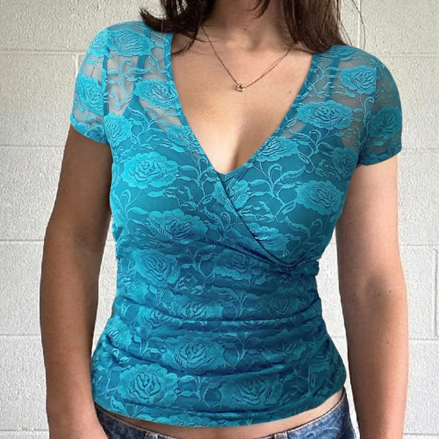 

Spicy Girl Style V-Neck Lace Splice Short Sleeve T-Shirt Hollow out Slimming Color Summer Top for Women Ice Silk Material
