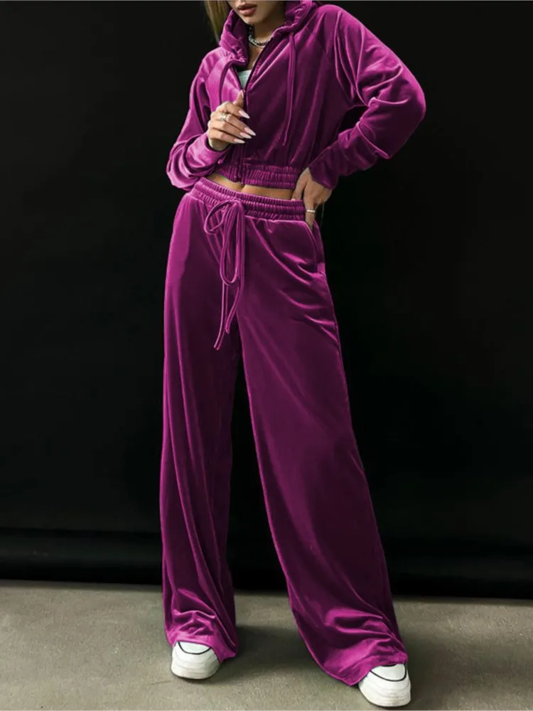 Fashion Long-sleeved Hooded Zipper Short Top + Wide-leg Pants 2-piece Set For Women Autumn Winter Gold Velvet Sports Suit Female