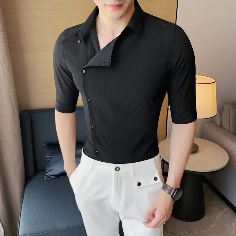 

2022 Summer Vintage Shirt Men Half Sleebe Slim Social Party Tuxedo Blouse Business Casual Men Clothing Chemise Homme S-3XL