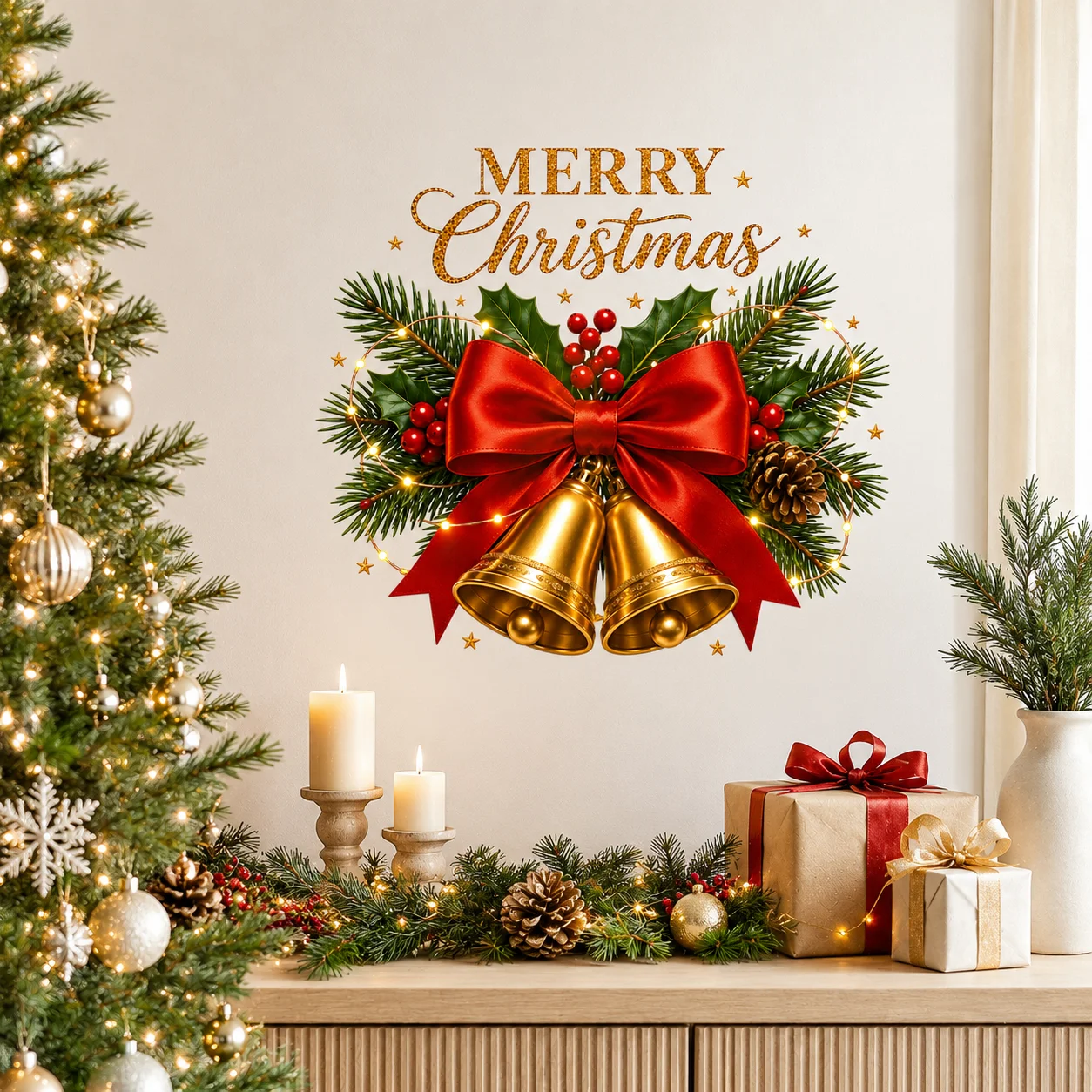 Merry Christmas Wall Decals Xmas Bells Red Bow Holly Berries Winter Holiday Wall Sticker Toilet Lid Decor
