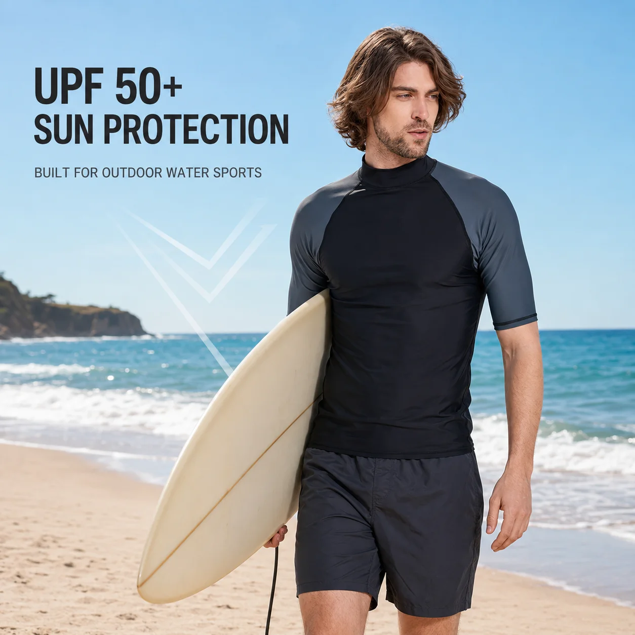 SBART Men\'s UPF 50+ Short Sleeve Rash Guard Quick-Dry Stretch Swim Shirt for Surfing Diving Kitesurfing Windsurfing
