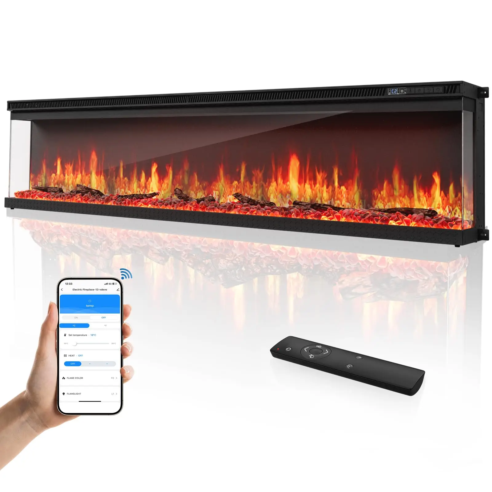 72-inch 3-Sided Wall Mount Electric Fireplace, Recessed & Built-in Design with Wi-Fi/Remote, 1500W Heater, 12 Flame