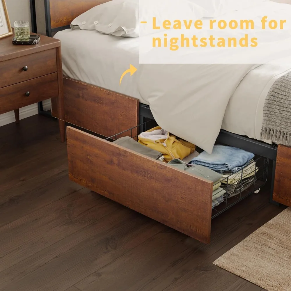 Bed Frame with Storage Headboard and 4 Drawers Bed Frame Size with Charging Station LED Lights Metal Platform Non-Sl image 6