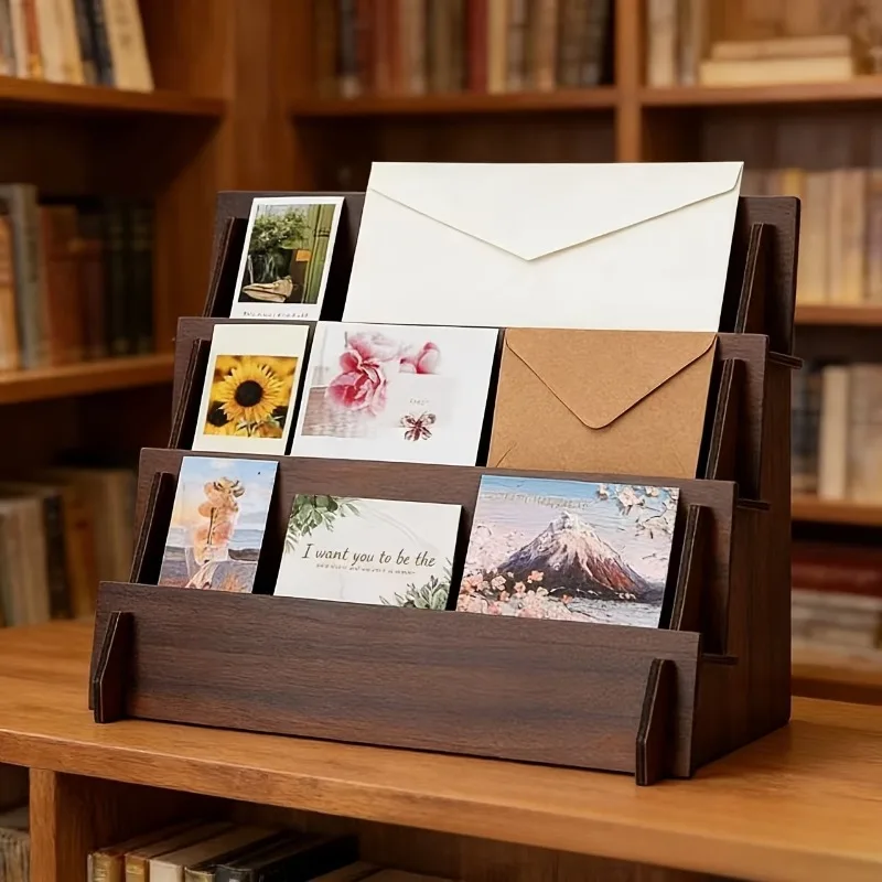 Latest Models Card Display Stand Wood Postcard Holder Desk Bracket Card Organizer 4 Layer Decorative Shelves Office Gift