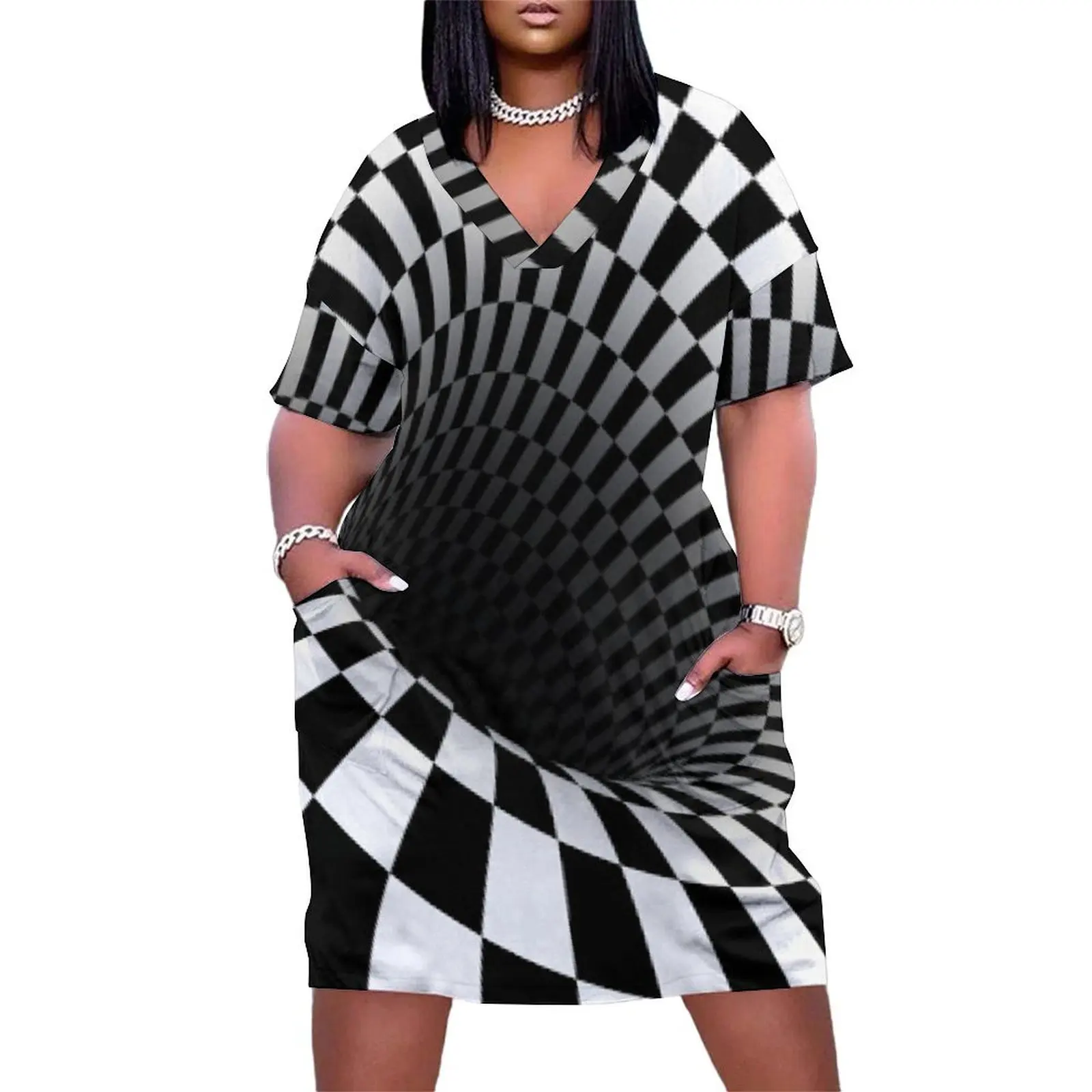 black and white optical illusion Loose Pocket Dress prom dresses Summer women's clothing