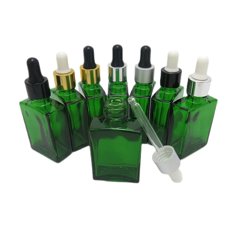 

200pcs/lot 30ml Cobalt Green Flat Square Glass Bottle With Aluminum Dropper 1oz Essential Oil Bottle Container