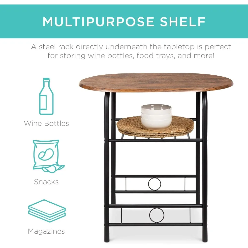 3-delige houten ronde tafel en stoelenset voor keuken, eetkamer, compacte ruimte met stalen frame, ingebouwde wijn