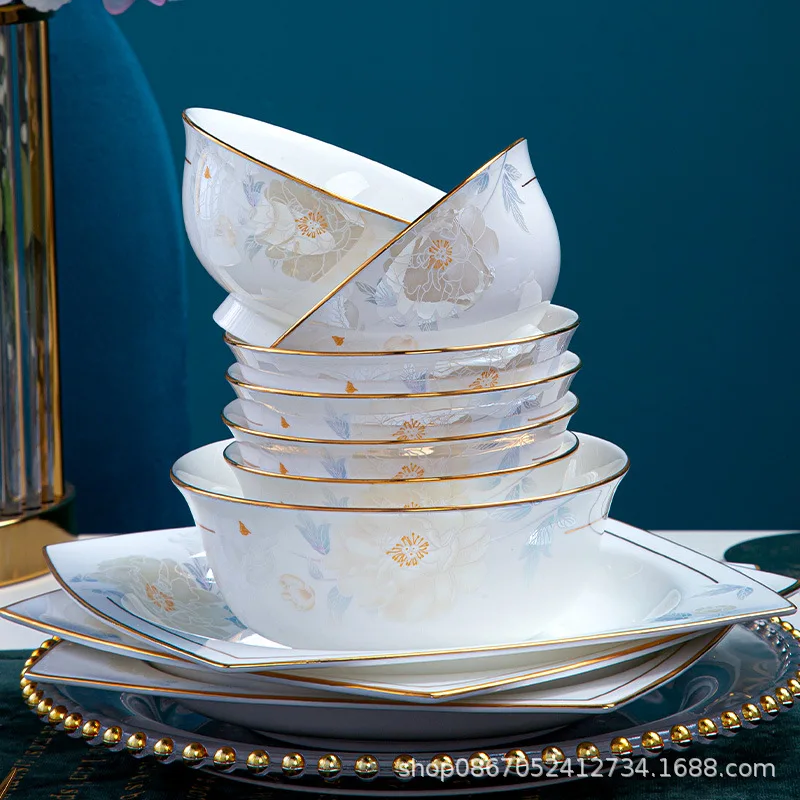 

Dishes and dishes set, household Jingdezhen bone china tableware set, ceramic European-style dishes, dishes and chopsticks