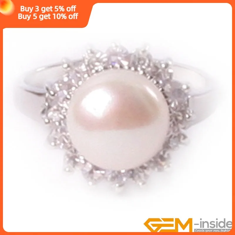 Natural 9-10mm Freshwater Pearl Ring Gifts For Women Rhinestone Silver Plated Ring Fasion Jewelry Ring For Party For Gift