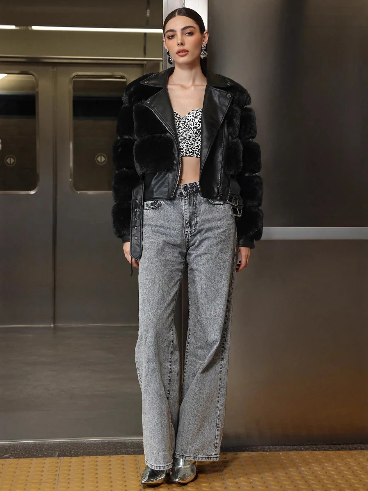 Notched Collar Faux Fur Coat Zipper Short Black Plush Coat Warm Thick Leather and Fur Faux Fox Furry Jacket Fluffy Luxury Street