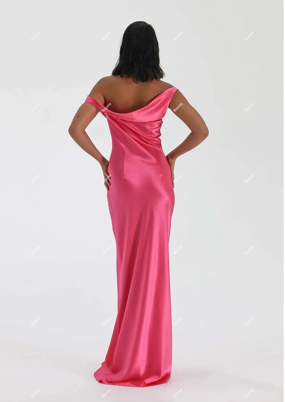 Booma Neon Pink Satin Mermaid Evening Dresses One Shoulder Asymmetrical Wedding Guest Dress for Women Long Party Prom Gowns