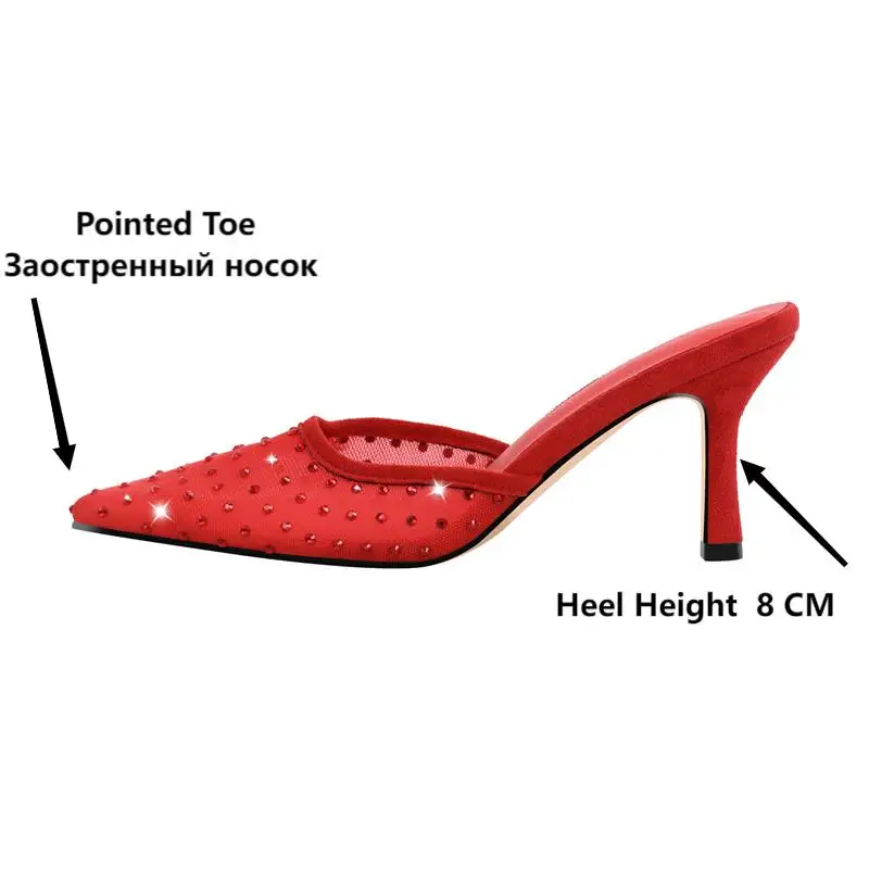 Onlymaker Women Pointed Toe Slip On Rhinestone Mules Red Sandals Big Size Classic Fashion Female Sandals